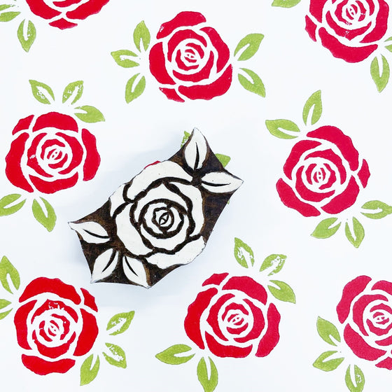Indian Wooden Printing Block - Large Rose with Leaves