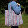Block Print Large Tote Bag – Quilted Cotton Zip Top Everyday Bag