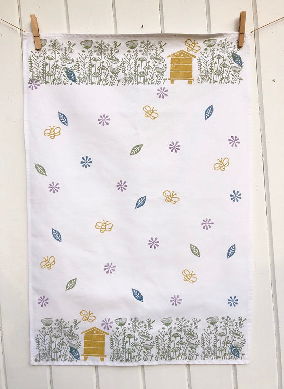 Hand block printed Meadow and Bee cotton Tea Towel