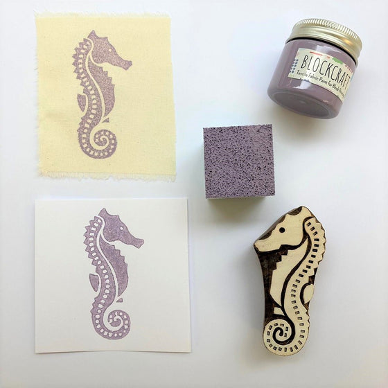 Hand block printed paper and fabric Seahorse samples 