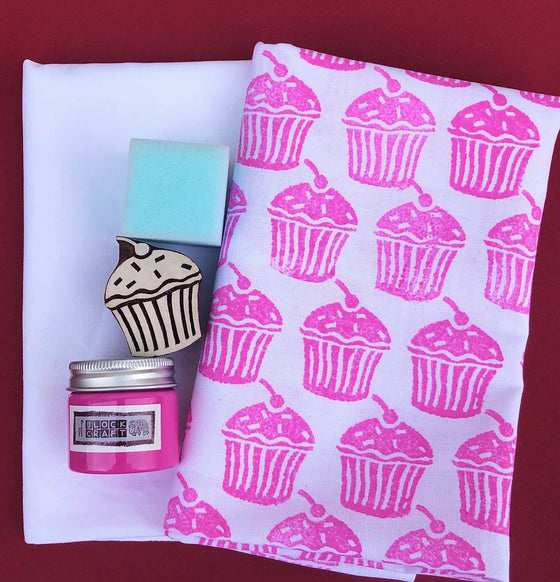 Indian Block Printing Kit - Pink Cupcake Tea Towel