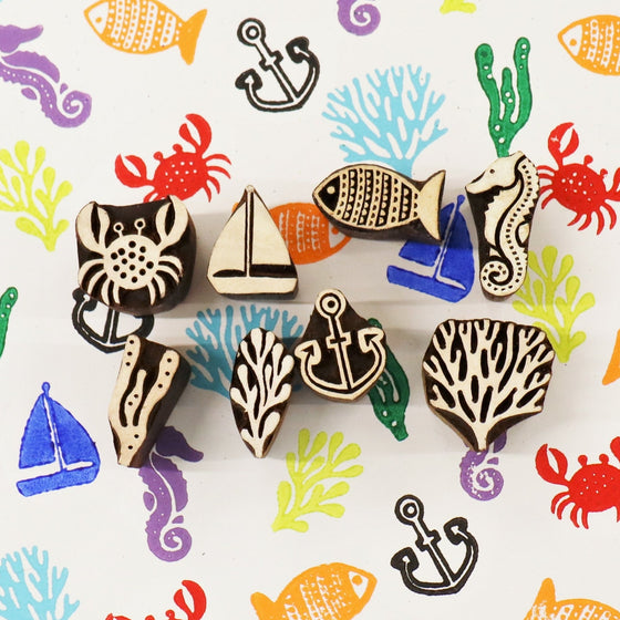 A set of mini sea life Indian wooden printing blocks