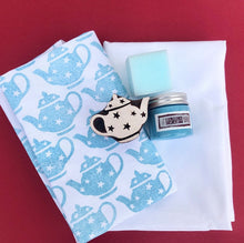  Indian Block Printing Kit - Duck Egg Teapot Tea Towel