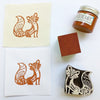 Stylised Fox Indian wooden printing block, sample prints onto fabric and paper