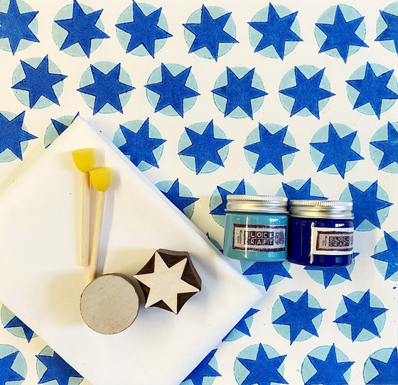 Indian Block Printing Kit - Blue Circle & Star Tea Towels