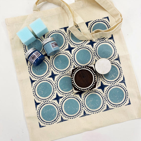 Indian Block Printing Kit - Dotty Circle Tile Tote Bag