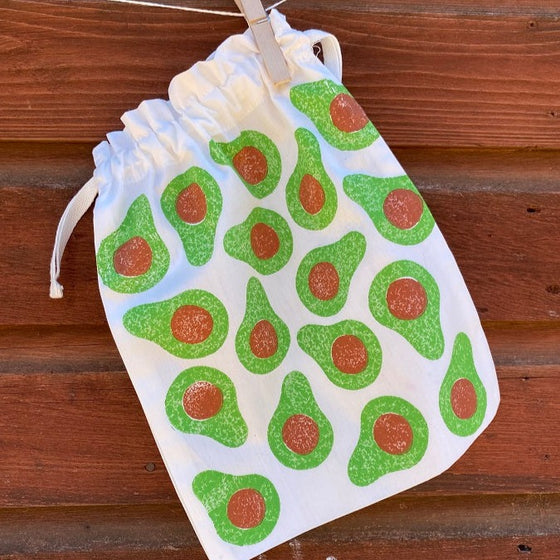 Block printed fabric bag in an Avocado design, block printed in Oxfordshire
