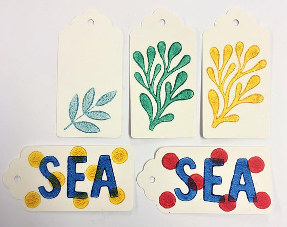 Hand block printed seaside theme gift tags