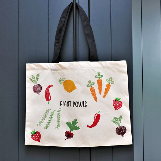 Hand block printed fruit and vegetable bag, hand printed using Indian wooden printing blocks and fabric paint