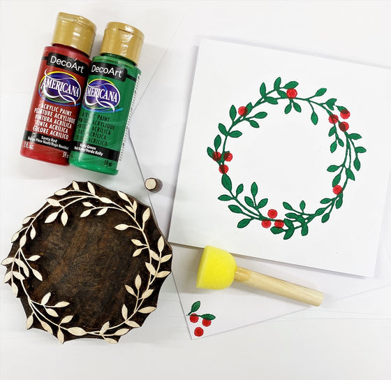 Indian Block Printing Kit - Wreath & Berries Christmas Cards