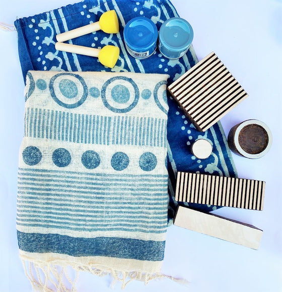 Indian Block Printing Kit - Blues Organic Scarf