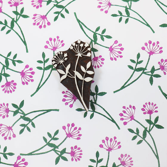 Botanical Floral Indian printing block, printed onto paper using acrylic paint