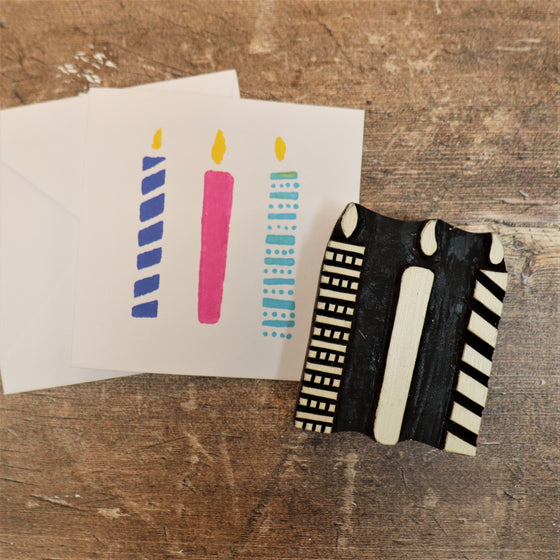 Hand block printed birthday card using acrylic paint and a Indian wooden printing printing block in a Candle design 