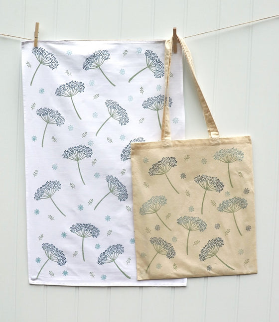 A hand block printed Tea Towel and Tote Bag, hand printed in Oxfordshire using Indian printing blocks and fabric paint