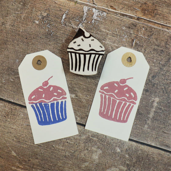 Hand block printed gift tags, printed using acrylic paint and a Indian wooden printing block in a cupcake design