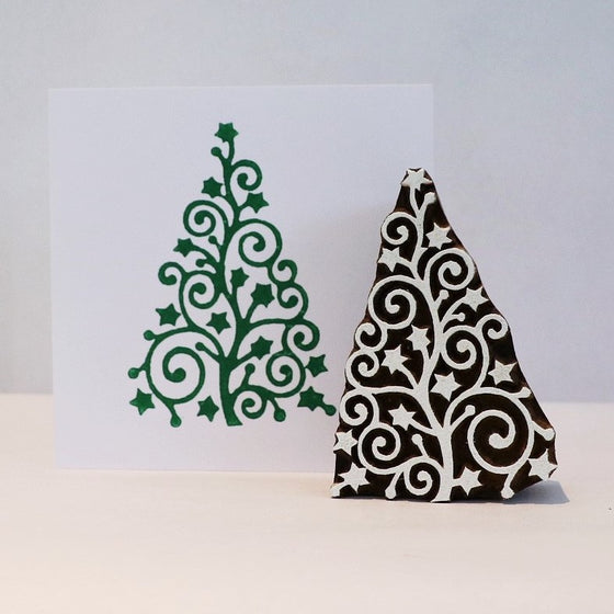 Indian Wooden Printing Block - Curls & Stars Christmas Tree