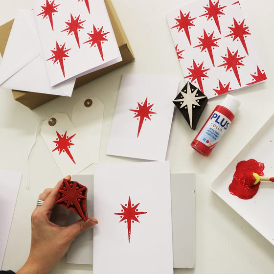 Indian Block Printing Kit - Red Dotty Star Christmas Cards