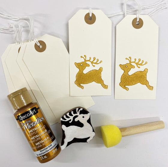 Indian Block Printing Kit - Small Leaping Reindeer Gift Tags