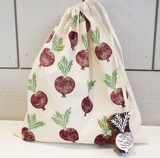 Block printed fabric bag in a Beetroot design, hand printed using a Indian wooden printing block. Block printed in oxfordshire