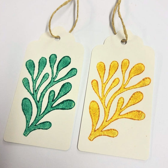 Hand block primted gift tags, printed using acrylic paint and a Medium Seaweed Indian wooden printing block