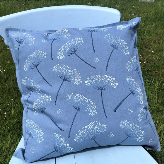 A block printed Botanical blue cushion cover, printed using a Indian wooden printing block. Block printing workshops in Oxfordshire