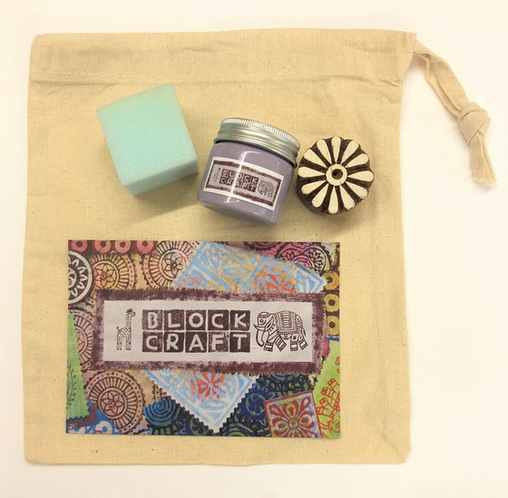 Indian Block Printing Kit - Violet Flower Drawstring Bag