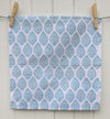 Hand block printed napkin using a Paisley Indian wooden printing block in Blue fabric paint, block printed in Oxfordshire