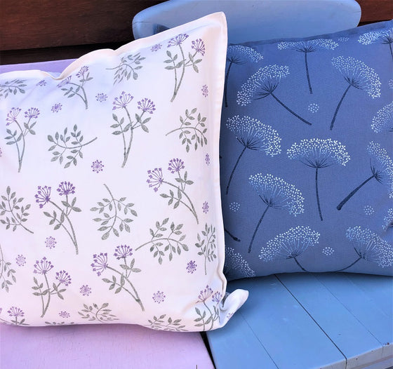 Botanical block printed cushions, hand printed in Oxfordshire