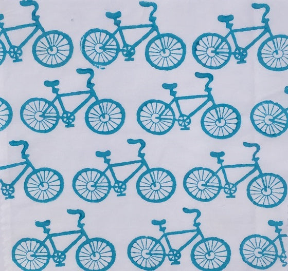Hand block printed fabric, printed using a fabric paint and a detailed bicycle Indian wooden printing block