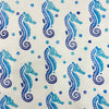 Hand block printed fabric, printed in a turquoise Seahorse design using a Indian wooden printing block