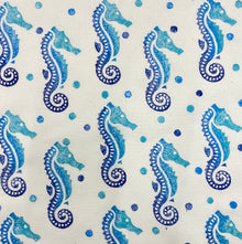  Hand block printed fabric, printed in a turquoise Seahorse design using a Indian wooden printing block