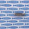 Hand block printed fabric in a blue fish design, printed using a Indian wooden printing block and fabric paint