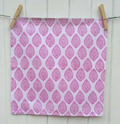 Hand block printed napkin using a Paisley Indian wooden printing block in Pink fabric paint, block printed in Oxfordshire