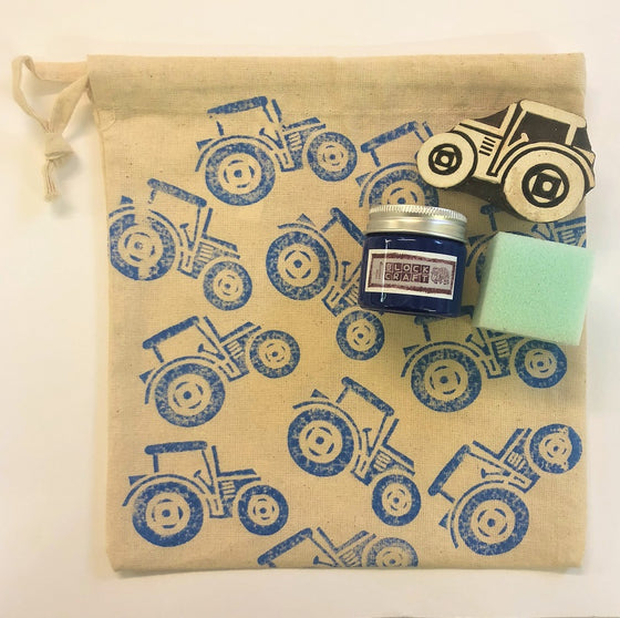 Indian Block Printing Kit - Blue Tractor Drawstring Bag