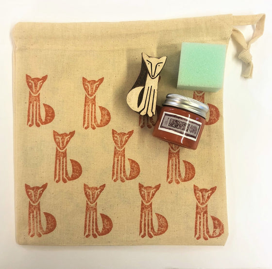 Indian Block Printing Kit - Sitting Fox Drawstring Bag