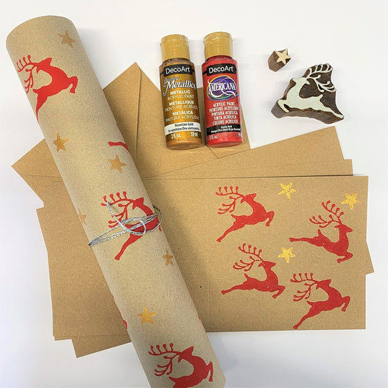 Indian Block Printing Kit - Reindeer Christmas Stationery