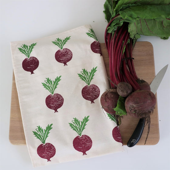 Hand block printed Tea Towel in a Beetroot design, printed using a fabric paint using a Indian wooden printing block