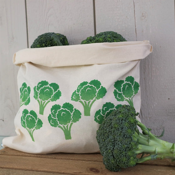 Block printed fabric bag, printed with a Indian wooden printing block in a Broccoli design