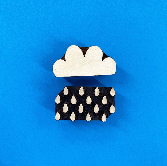 Hand carved Indian wooden printing block in a Cloud and Raindrop design