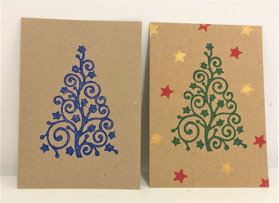 Indian Wooden Printing Block - Curls & Stars Christmas Tree