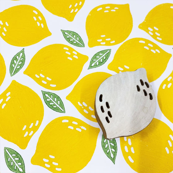 A hand carved Indian wooden printing block in a Lemon design, can be used for hand printing fabric and paper