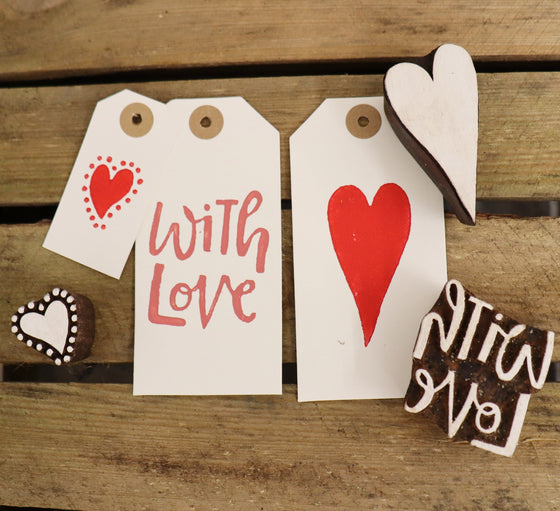 Hand printed valentines gift tags, block printing project ideas