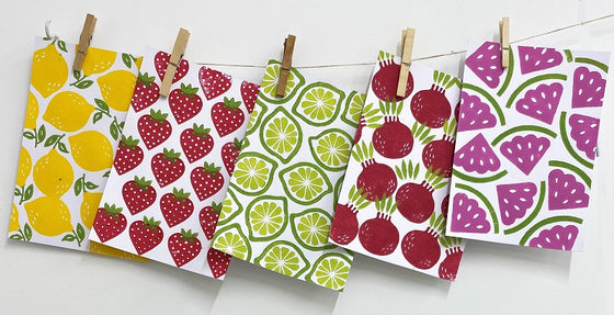 Hand block printed funky fruit designs