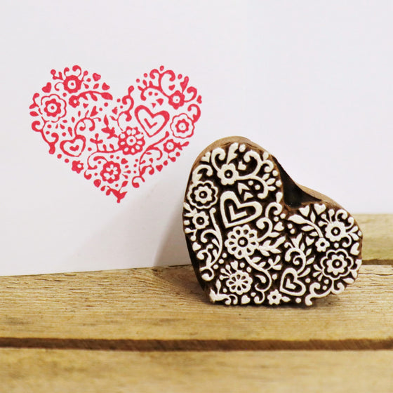Intricate heart Indian wooden printing block, hand printed onto a card in acrylic paint