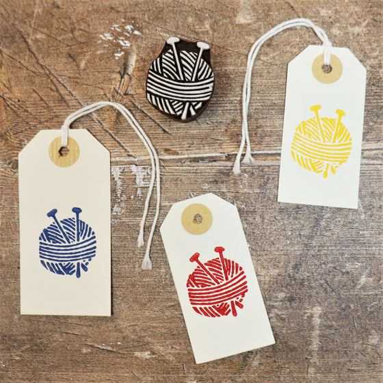 Hand block printed multi colour gift tags, printed using acrylic paint and a hand carved Indian wooden printing block in a knitting ball design