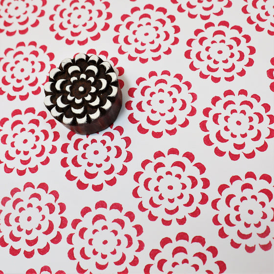 Block printed pattern, printed using a Indian wooden printing block in a Flower Burst design