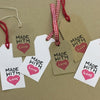 Hand block printed gift tags printed using a hand carved indian wooden printing block in a made with love text design