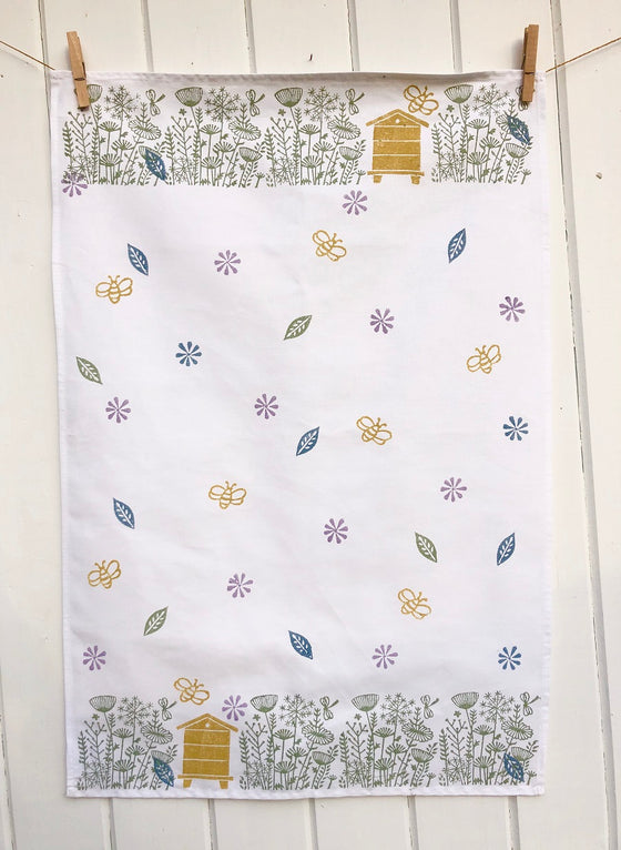 Hand block printed Meadow and Bee cotton Tea Towel