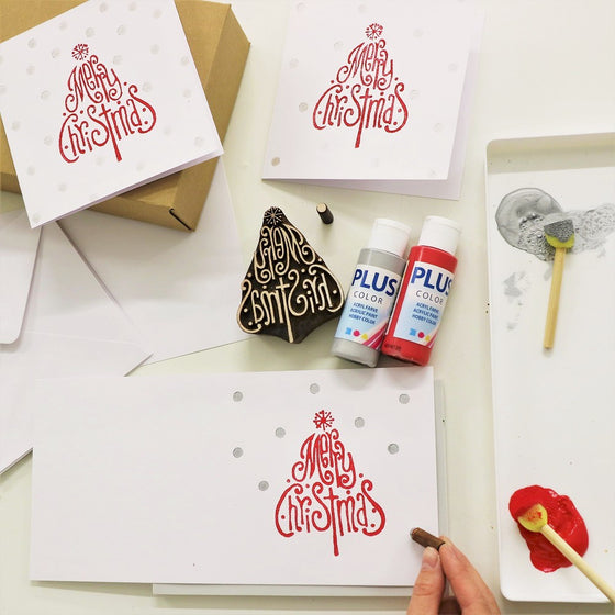 Block Printing Kit - Merry Christmas Tree Christmas Cards