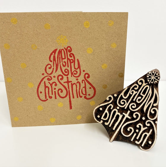 Indian Block Printing Kit - Merry Christmas Tree & Dot Kraft Christmas Cards